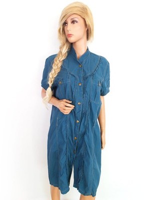 ZIZZI Damen Hemdblusenkleid Gr. L Blau Baumwolle Kurzer Ärmel Stickerei Kragen