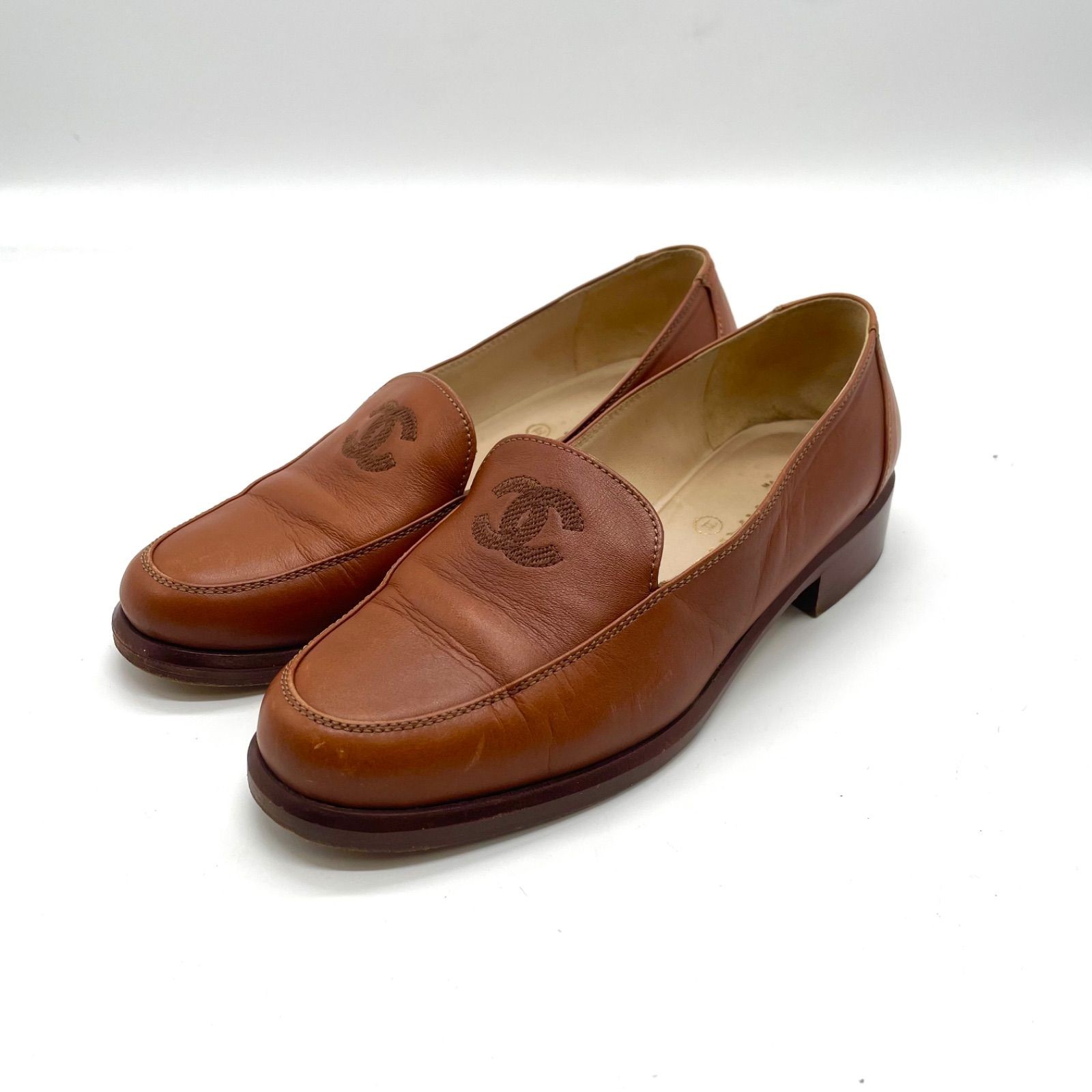 CHANEL Vintage Leather Loafers Brown 22cm Coco Mark Women's Shoes Auth