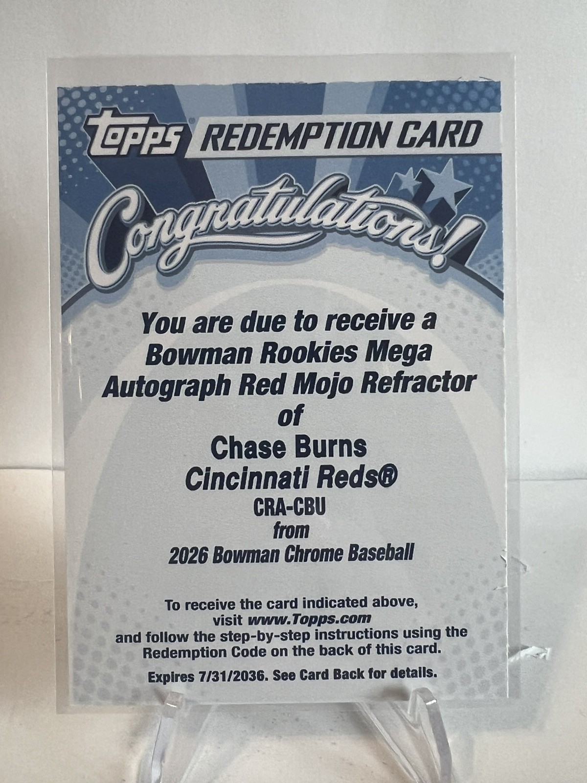 Chase Burns 2026 Bowman Chrome Rookies Mega Autograph Red Mojo /5 Reds 