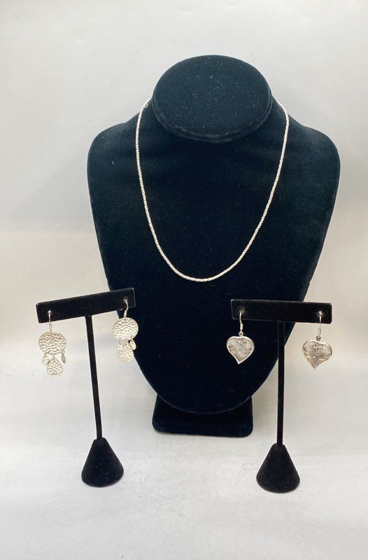 Sterling Silver 925 Jewelry Set 17" Necklace Hammered & Engraved Heart Earrings