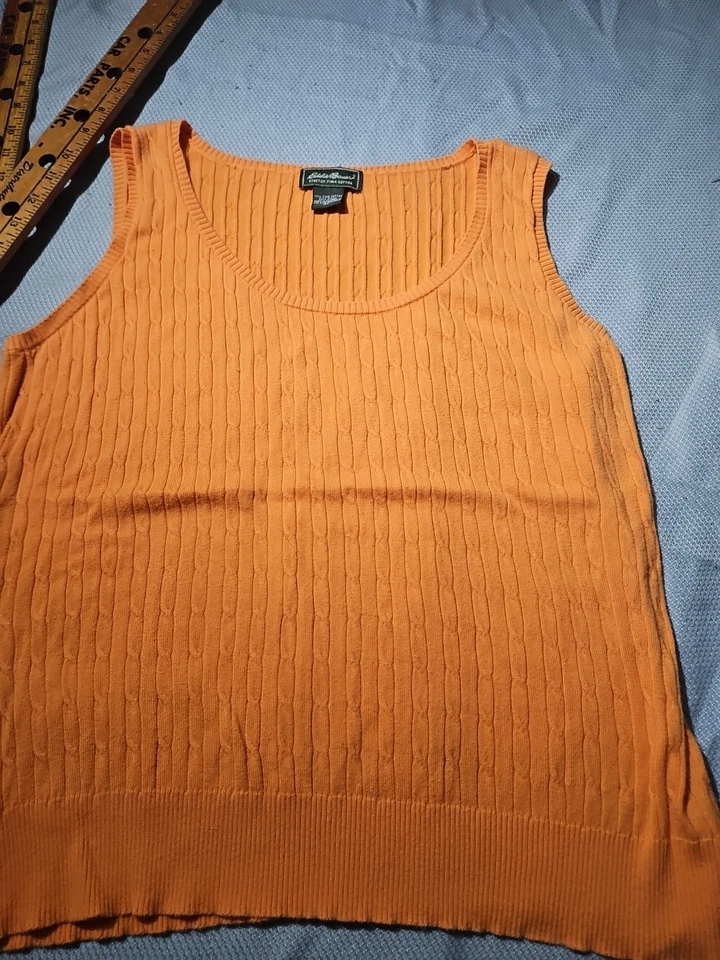 Camisa sin mangas vintage Eddie Bauer para mujer XL naranja tejida de pescador algodón pima Foto 3 de 4