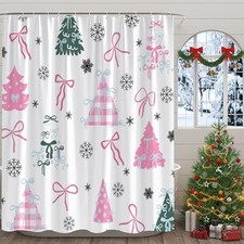 Christmas Shower Curtain Xmas Tree with Bows 70"Wx70"H/180x180cm Pink Green