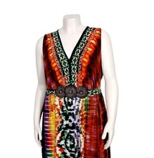 Roz & Ali Maxi Dress 3X 22W Sleeveless V‑Neck Beaded Waist Colorful Print Plus