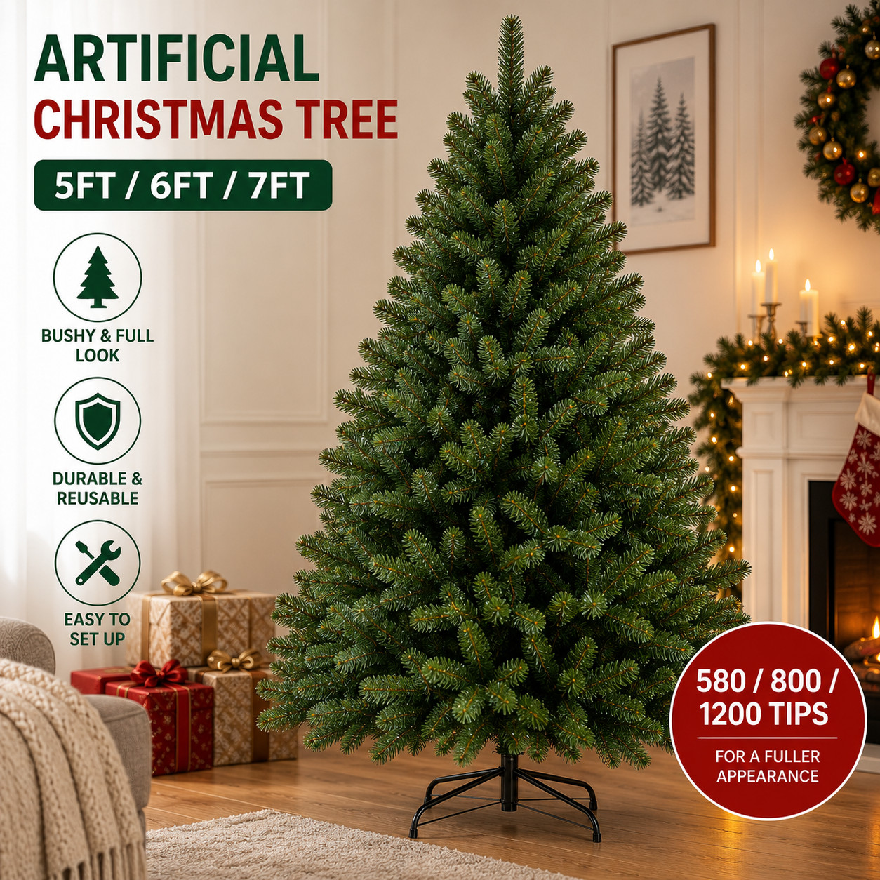 Artificial Christmas Tree 5FT 6FT 7FT 580-1200 Tips Bushy Green Xmas Tree 3