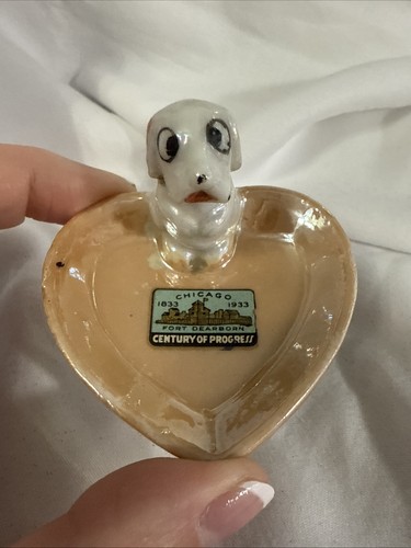 1933 Chicago Worlds Fair Lusterware Heart Shaped Dish with Dog Vintage