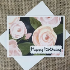 Finished Cross Stitch Happy Birthday Floral Roses Blank Note Greeting Card