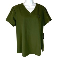 Beyond Scrubs Olive Green Womens Stretch V-Neck Medical Scrub Top Size Large