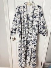 Vintage Japanese Yukata Robe 100 Cotton Blue White Bamboo Crane Kimono Japan
