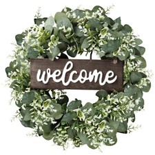 Sggvecsy 16in Artificial Eucalyptus Wreath with Welcome Sign Green Eucalyptus...