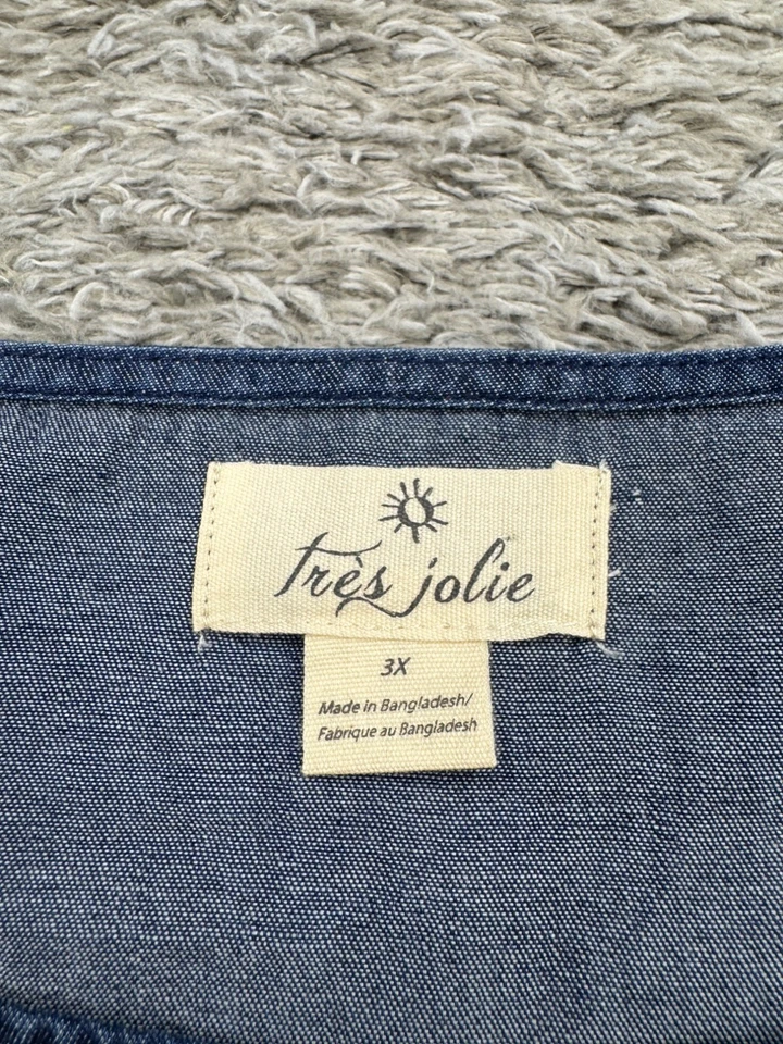 Blusa Tres Jolie Top Mujer 3X Azul Cambray Manga 3/4 Botón Lateral Lagenlook Foto 3 de 4