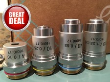 AmScope Achromatic  Objectives : 4X, 10X, 40X, 100X Lot of 4 pcs - DIN std