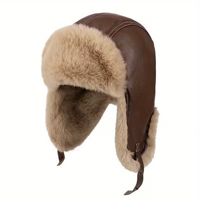 Men s Winter Trapper Hat Leather Aviator Ushanka Bomber Cap Faux Fur Ear Flaps