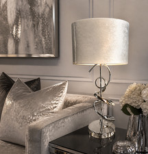 Sculptural Swirl Table Lamp Grey Velvet Shade Chrome Base E27 Modern Statement
