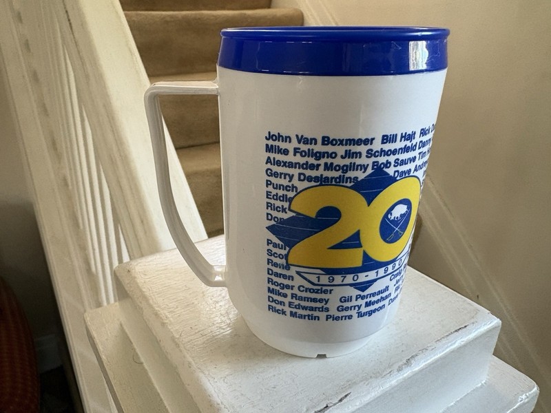 Vtg. Buffalo Sabres 20th Anniversary Travel Mug Sorrento Cheese BUFFALO, N.Y.