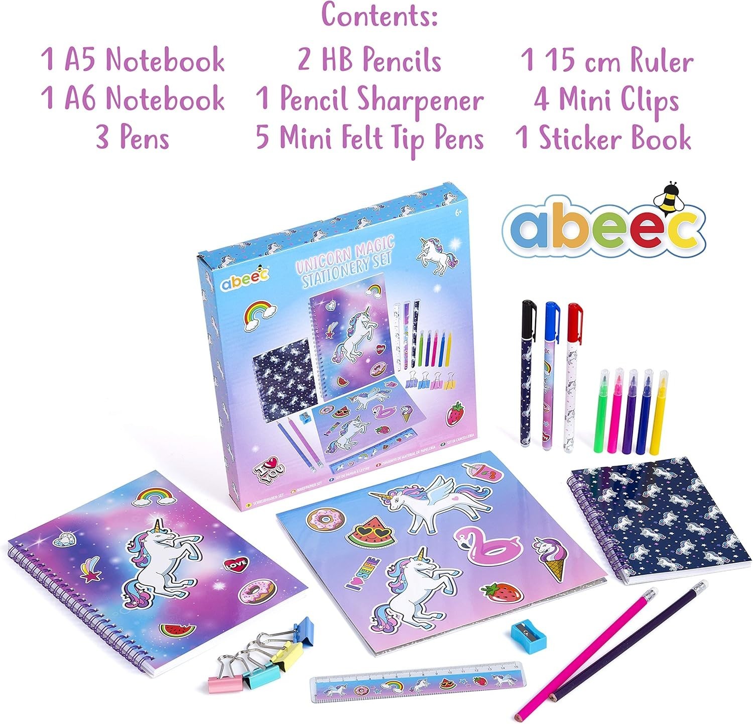 Unicorn Stationery Set A5 Notebook, A6 Notebook, Pens, Pencils, Unicorn Sticker