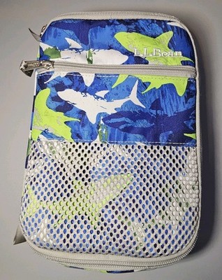 LL Bean Lunch Tote SHARKS Insulated Food Bag Zipper Pockets Mesh Blue And Green 
