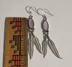 Vintage 925 Sterling Silver Pink Moonstone Dangling Drop Feather Earrings — photo 4