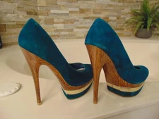 Bakers - Taryn 6.5M  Stiletto Turquoise Green Suede Woodtone Platform 5.5" Heel