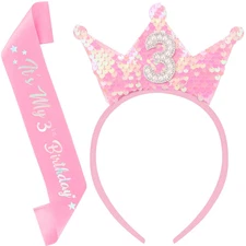 3Rd Birthday Girl Sash and Headband Set 3Rd Birthday Decorations for Girl Sequin