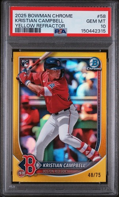 #ad Kristian Campbell 2025 Bowman Chrome Yellow Refractor 75 RC PSA 10 #58 Red Sox $130.00