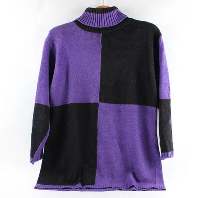 Haut Col Roulé Tricot M Noir Et Pourpre En Coton/ Ramie Vintage Le Chois - Photo 1/4
