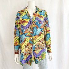 VTG Silk Oversized France Themed Town and Scenery Button Down Top Size Small