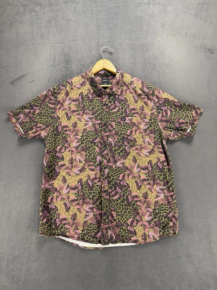 RVCA Regular Fit XL Button Up Shirt Green Pink Camo Leaf Print Casual Cotton - Image 3 of 4