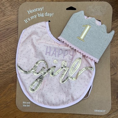 New Happy Girl 1st Birthday Set Bib & Hat