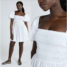 Mango M Puff Sleeve Smocked Fit & Flare Mini Dress 100% Cotton White Cottagecore