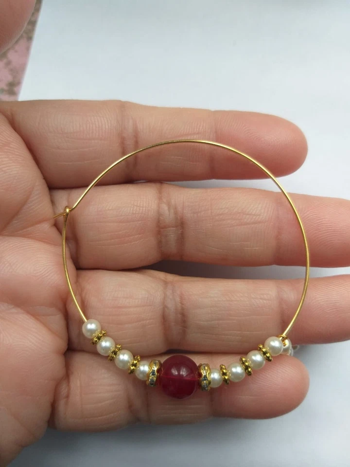 Anillo de nariz con cuentas rojas de boda con cadena indio Nath piercing aro joyería de moda Foto 3 de 4