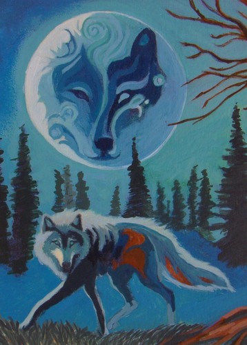 Wolf Full Moon a story and an ACEO 3.5" x 2.5" ORIGINAL Painting