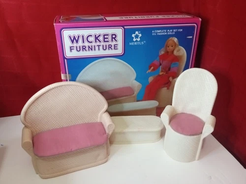 Vtg 1984 Meritus Fashion Doll Wicker Furniture Set Barbie In Original Box Rare