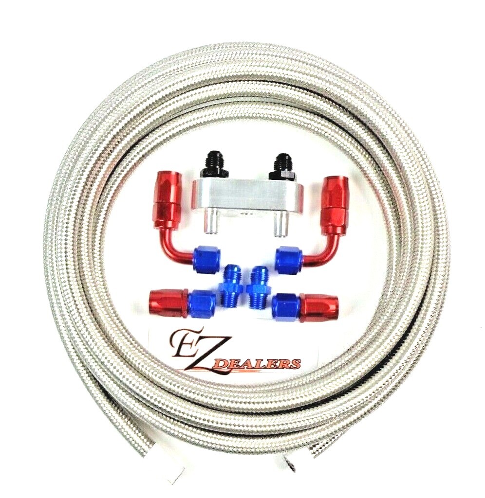  Transmission Cooler Line Kit -6AN Braided Hose 6L80E 6L90E Red/Blue Hose Ends