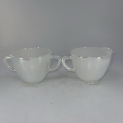 Fire King USA iridescent white pearl lustre sugar bowl(no lid) & creamer jug
