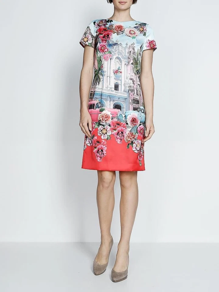 Marc Cain Collections Kleid N1 DE 34 XS Etuikleid Blau Pink Havanna Auto Blumen - Bild 1 von 4