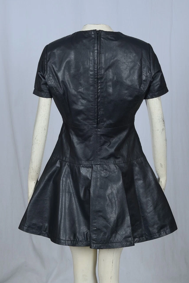 NEW BLACK REAL GENUINE LEATHER LADIES WOMAN PARTY SKATER CASUAL DRESS SIZE 6-22 - Image 3 of 4