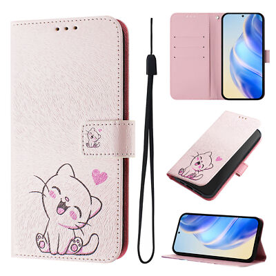 For iPhone Samsung Huawei OnePlus Cute Cat Card Wallet Case Stand Phone Cover