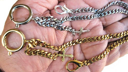 Two Custom Made Pocket Watch Chains with Spring Ring Clasp and Cross Fob - Picture 2 of 4