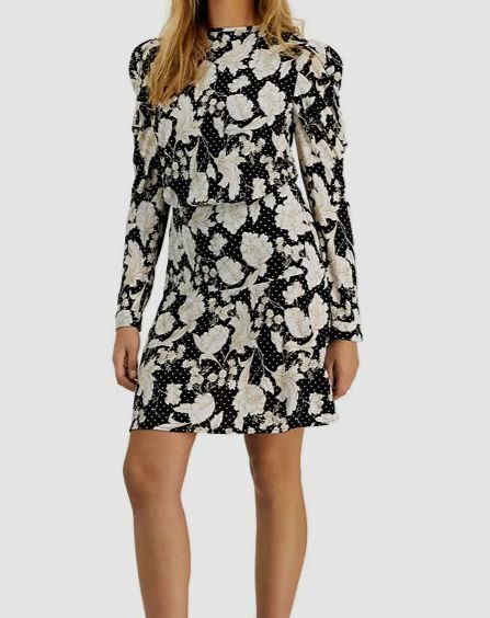 Guess Women's Black Bernadette Floral Puff-Sleeve Mini Dress Size L