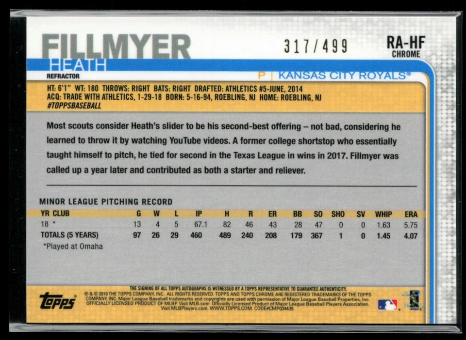2019 Topps Chrome Rookie Autographs Refractor #RA-HF Heath Fillmyer RC 317/499 - Image 2 of 2