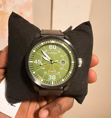 Citizen Eco-Drive Quartz Analog Green Dial Black Leather Strap Date Watch