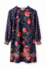LOFT Navy Floral Shift Dress Ruffle Button Long Raglan Sleeve XS