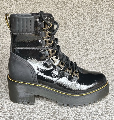 DR MARTENS Laurenne Distressed Patent Leather Black Heel Boots 7US NWOB