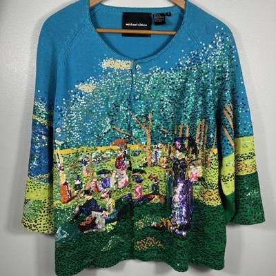 Vtg Michael Simon Sequin Sweater Womens 1X Seurat Sunday Afternoon in the Park