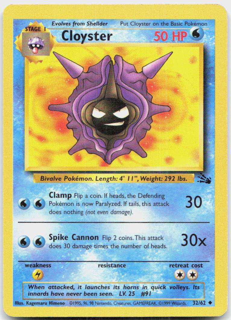 Cloyster 32/62 Uncommon Fossil Pokemon Unlimited LP