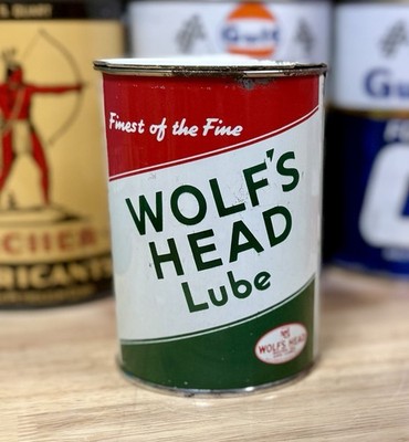 Vintage Wolf s Head Lube Grease Oil Can 1lb. Feels Full
