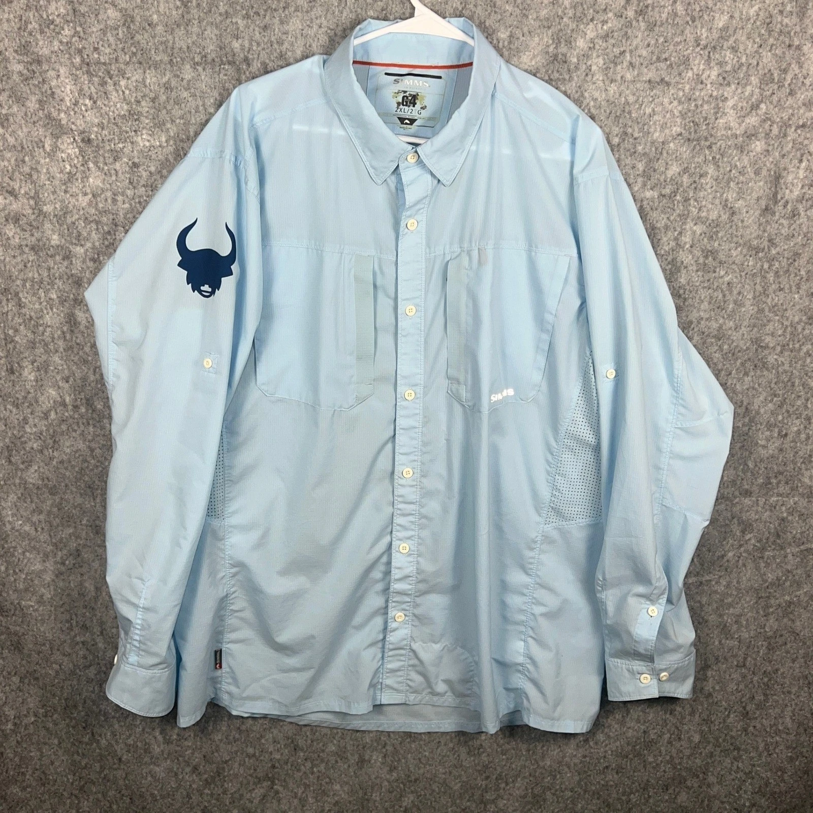 Simms G4 Fishing Shirt Mens 2XL Light Blue Long Sleeve Vented Ripstop Bull Logo