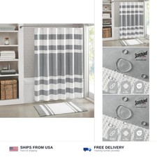 Madison Park Shower Curtain Waffle Weave Striped Pieced Design Fabric Shower ...