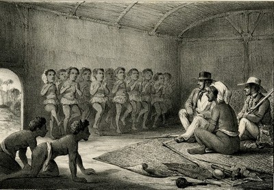 Antiker Druck-GENRE-KÖNIG-BESUCH-OVALAU-FIDSCHI-INSELN-OZEANIEN-Guillou-Legrand-1843