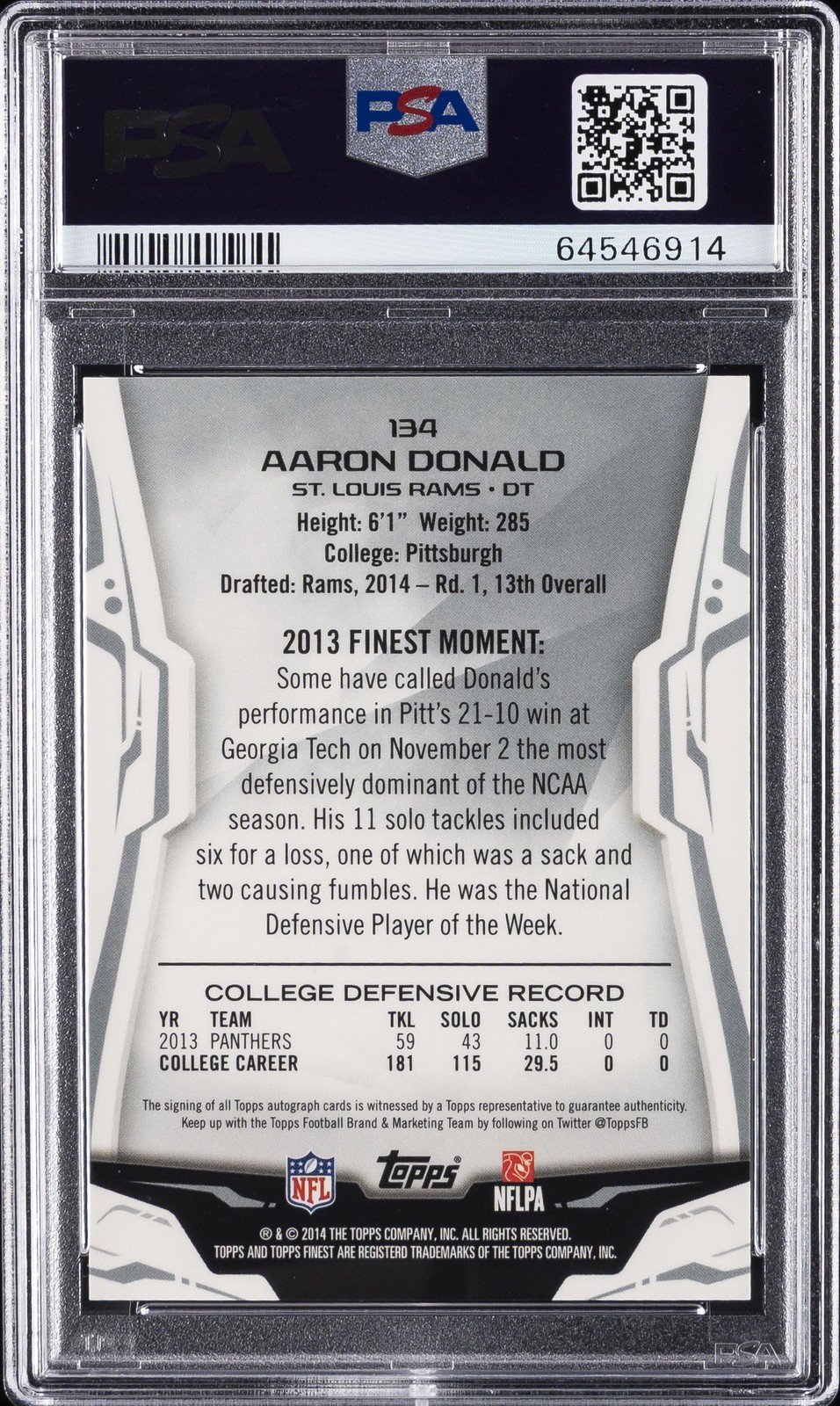 2014 FINEST AUTO-BLUE REFRACTOR #134 AARON DONALD ROOKIE RC 24/25 PSA 7 AUTO 10 view 2